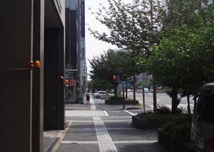 出て左手にある、青いガラス張りのビルです。